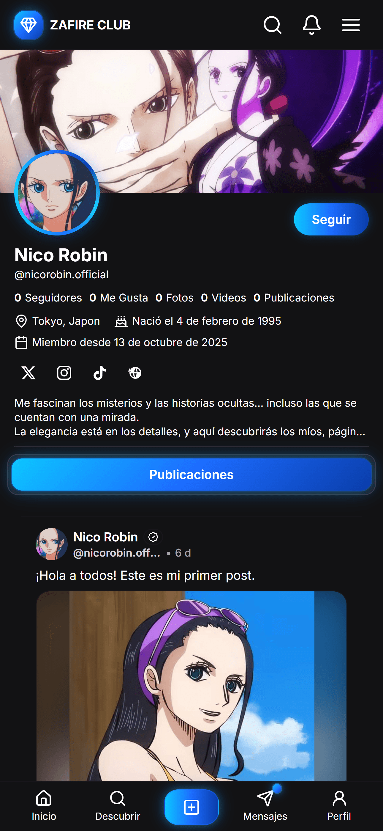 Vista previa de perfil en Zafire Club